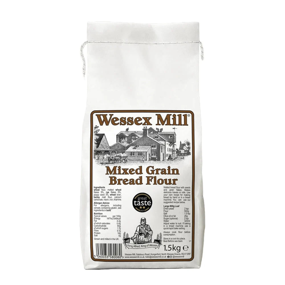 Bag of Wessex Mill Mixed Grain Bread Flour on a white background