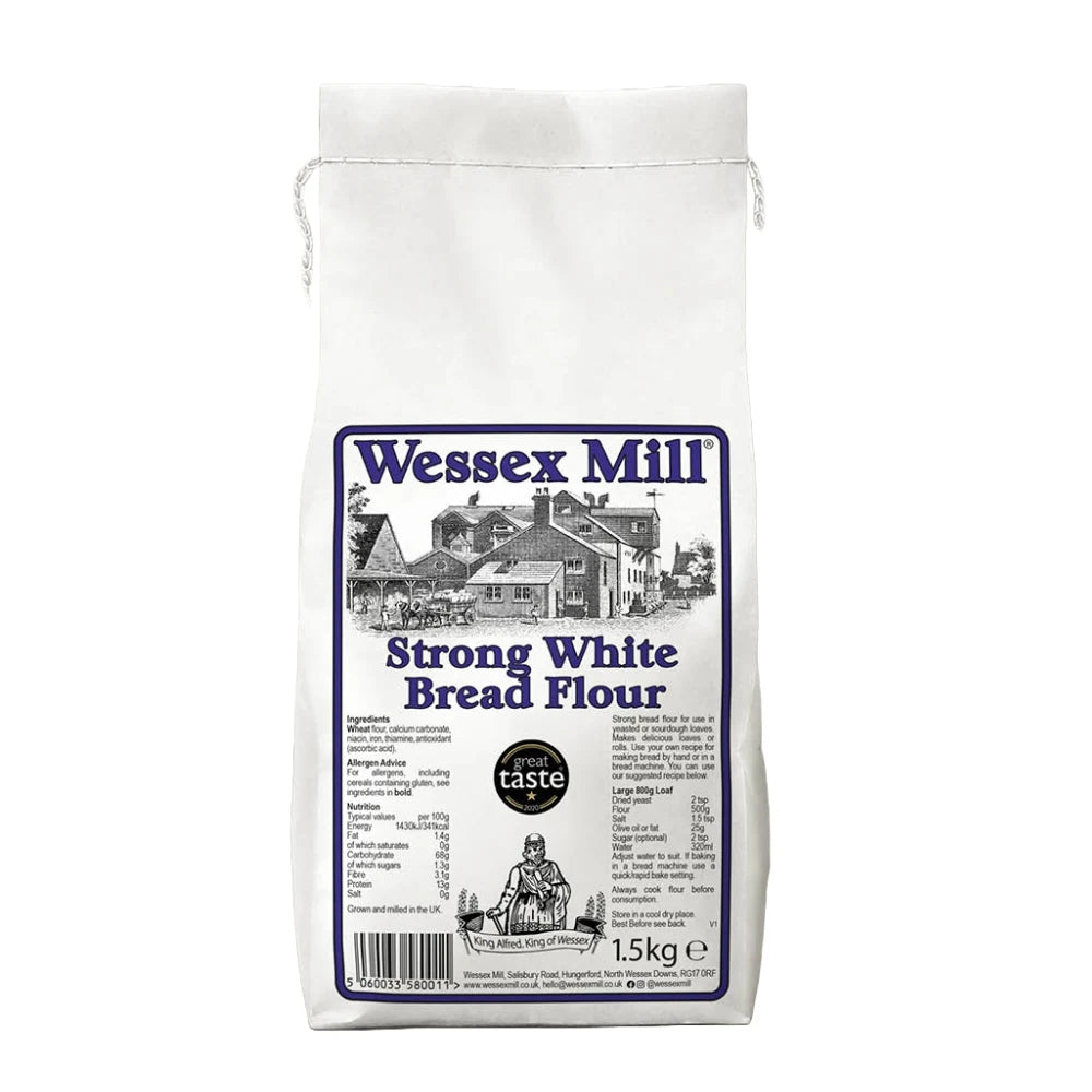 Bag of Wessex Mill Strong White Bread Flour on a white background