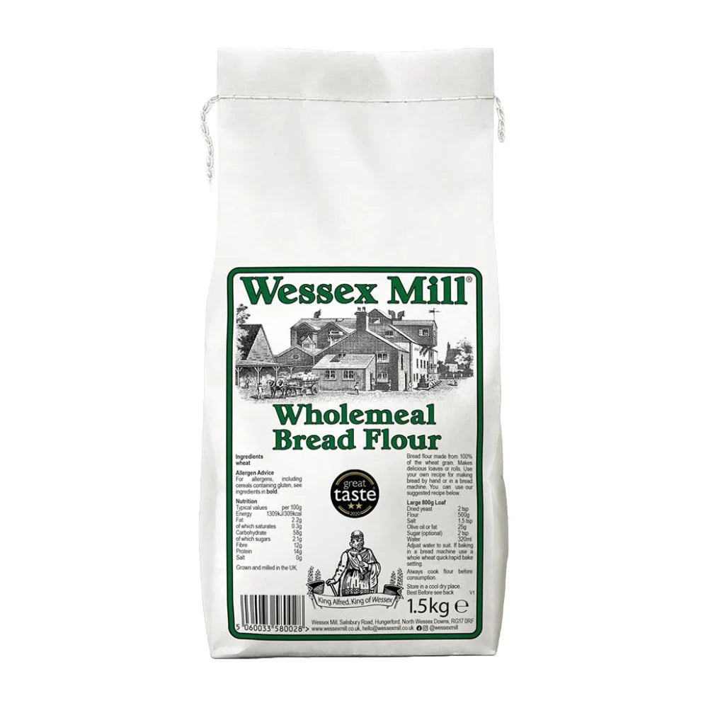 Bag of Wessex Mill wholemeal bread flour on a white background