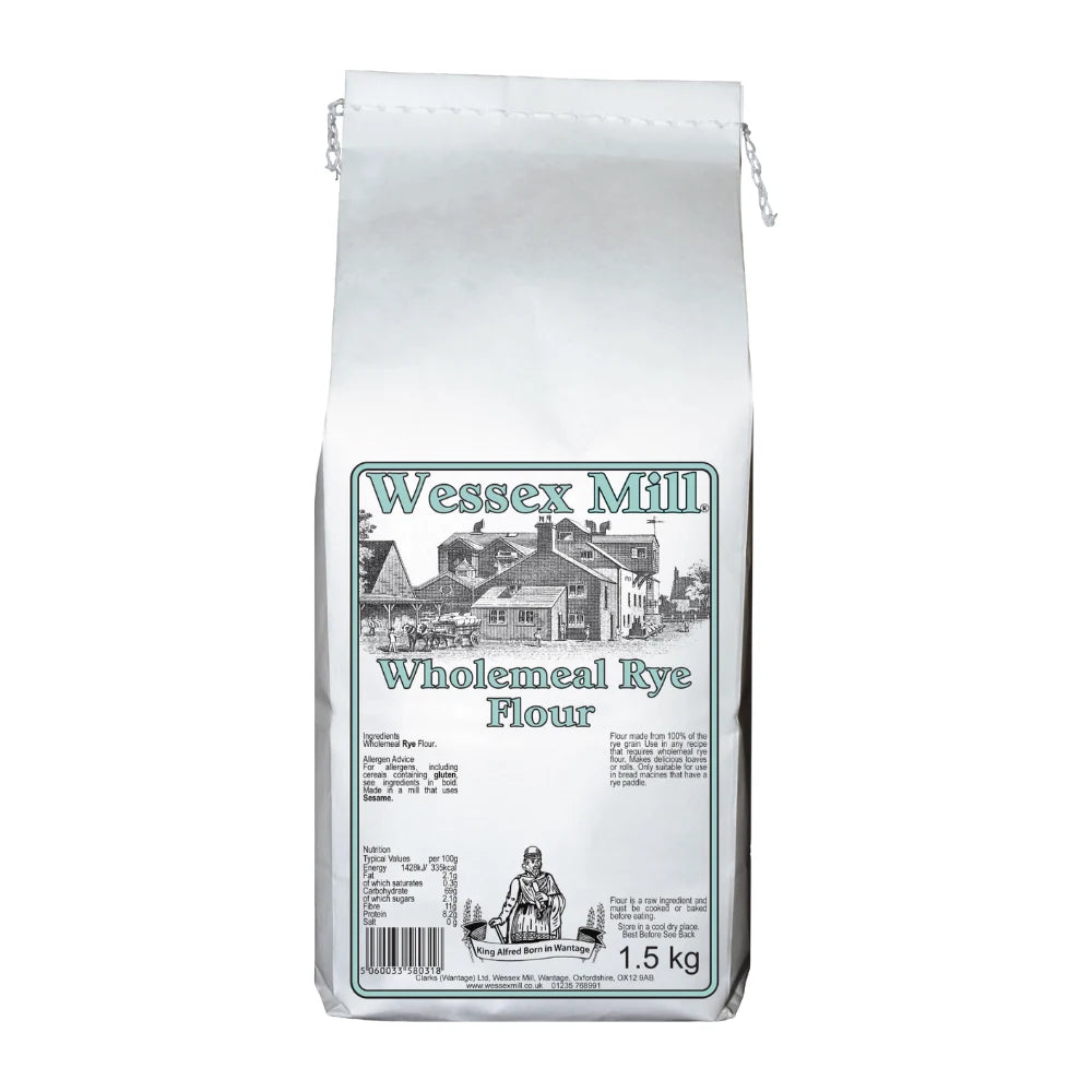 Bag of Wessex Mill wholemeal rye flour on a white background