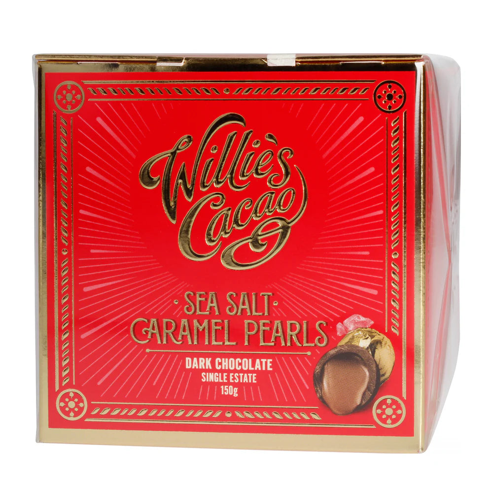Box of Willie's Cacao Sea Salt Caramel Pearls on a white background