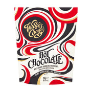 Willie's Cacao hot chocolate packaging with red, black, and white design.