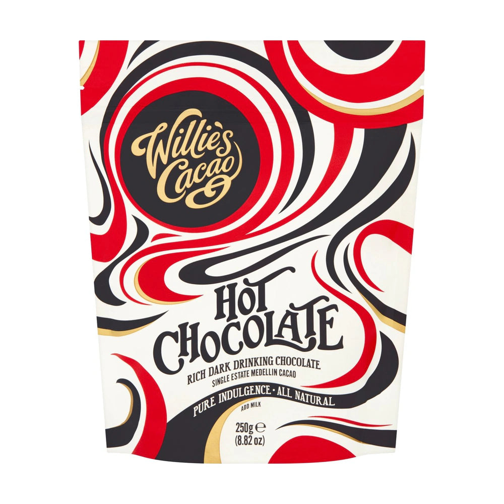 Willie's Cacao hot chocolate packaging with red, black, and white design.