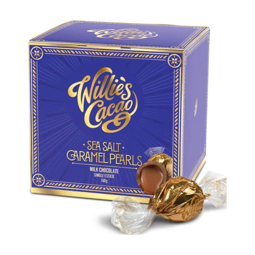 Box of Willie's Cacao sea salt caramel pearls on a white background