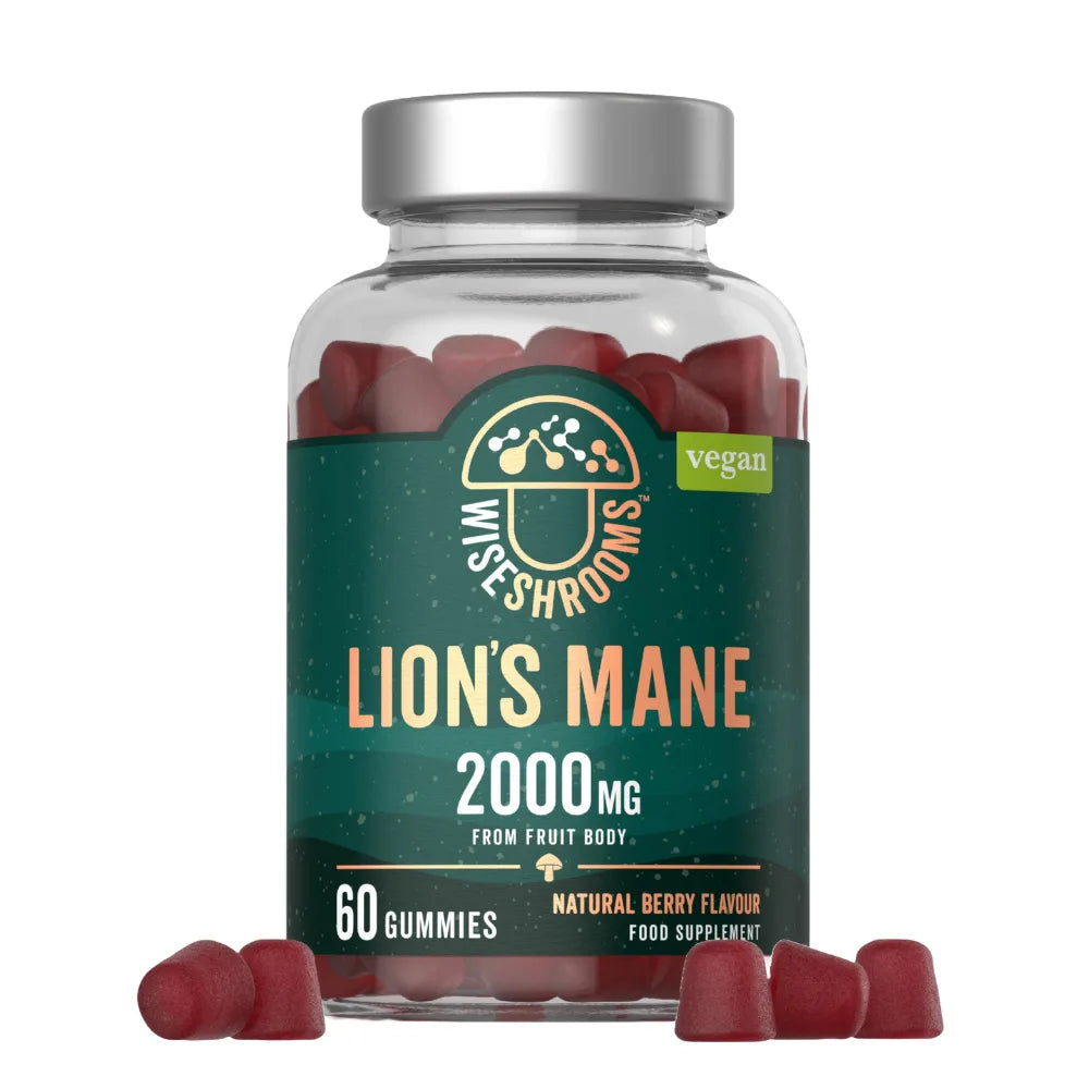 Bottle of Lions Mane gummy supplement with a green label on a white background
