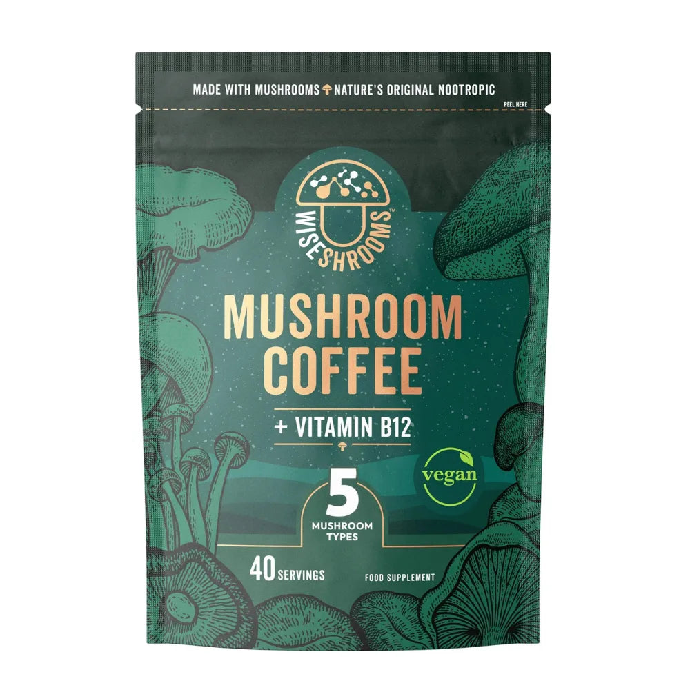 Mushroom coffee package with green and black design on a white background