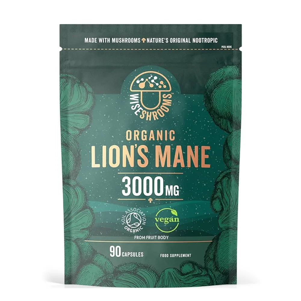 Packaging of Organic Lions Mane 3000mg supplement with green and brown design.