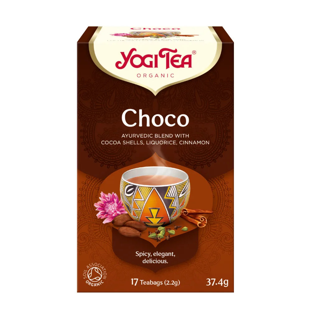 Yogi Tea Choco tea box with a cup and flowers on a brown background