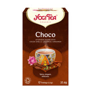 Yogi Tea Choco tea box with a cup and flowers on a brown background