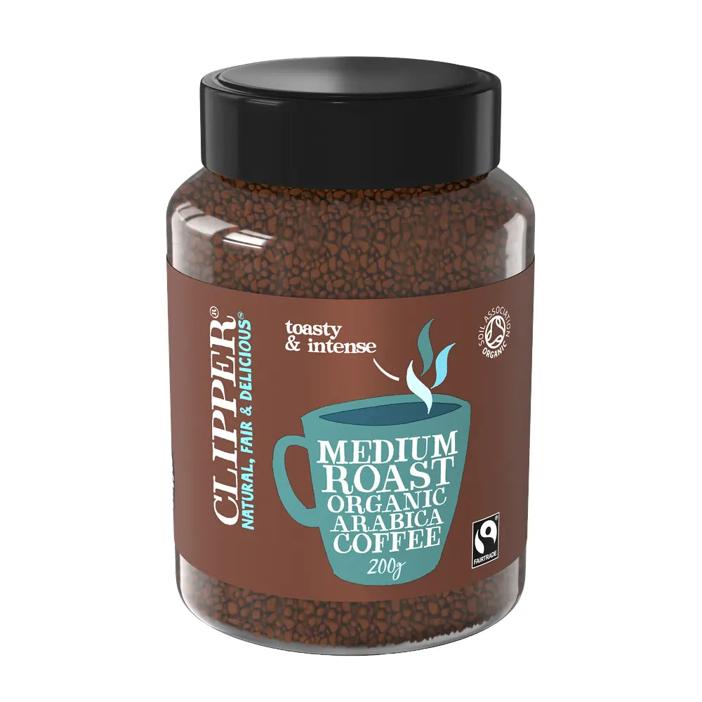 Jar of Clipper medium roast organic arabica coffee on a white background