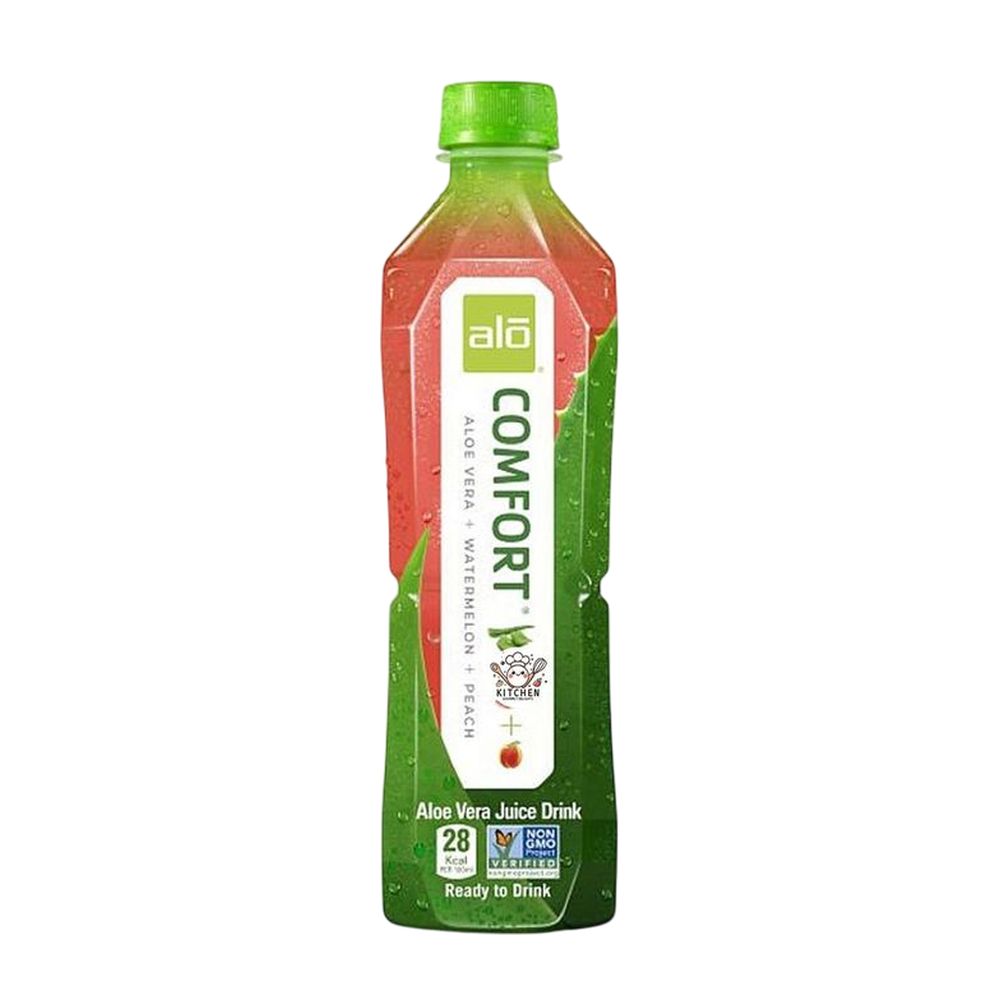 Aloe vera juice drink bottle with green cap and label on a white background
