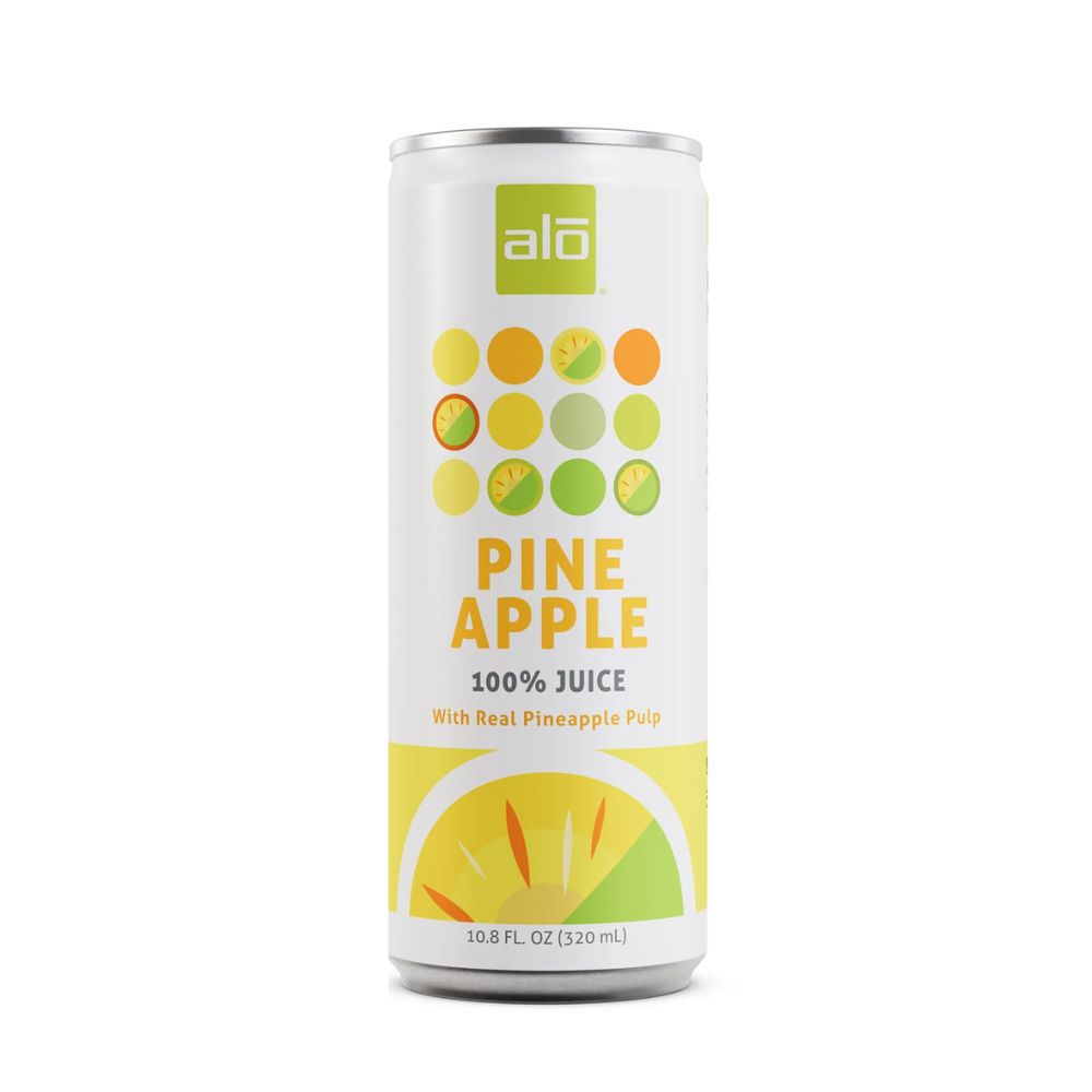 Canned pineapple juice with Alo brand logo on a white background