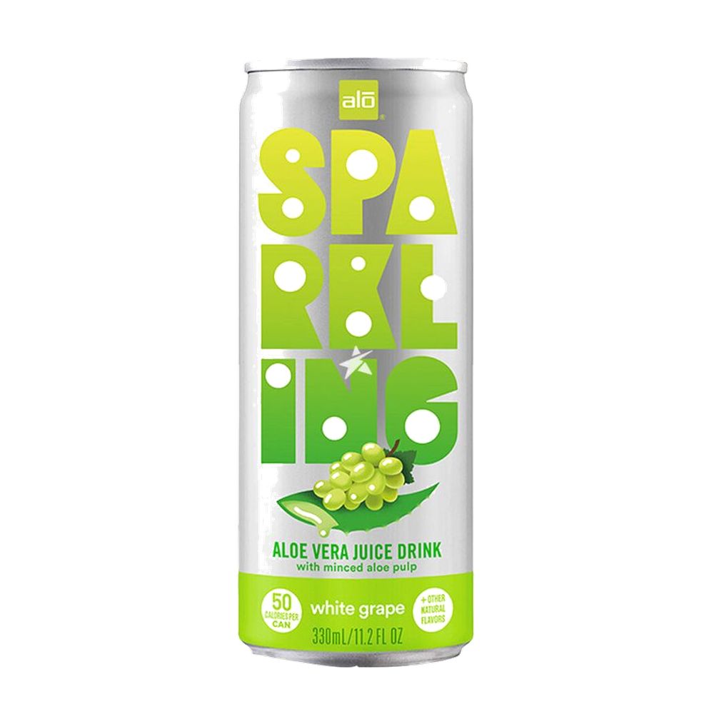 Can of Sparkling Iced Aloe Vera Juice Drink with white grape flavor on a white background