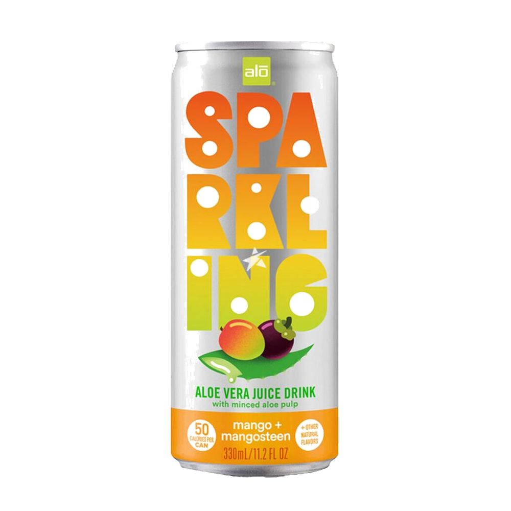 Can of Sparkling Aloe Vera Juice Drink with mango and mangosteen on a white background