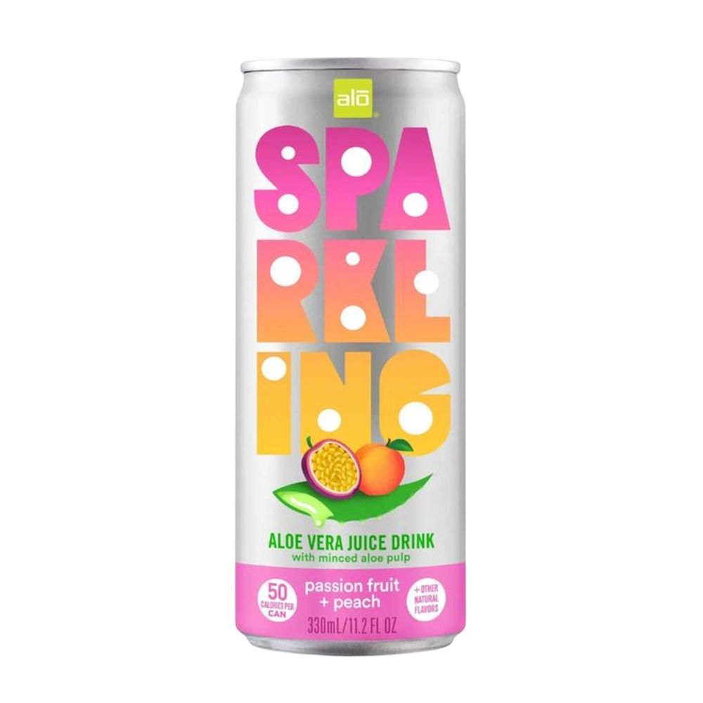 Can of Sparkling Aloe Vera Juice Drink with passion fruit and peach flavor on a white background