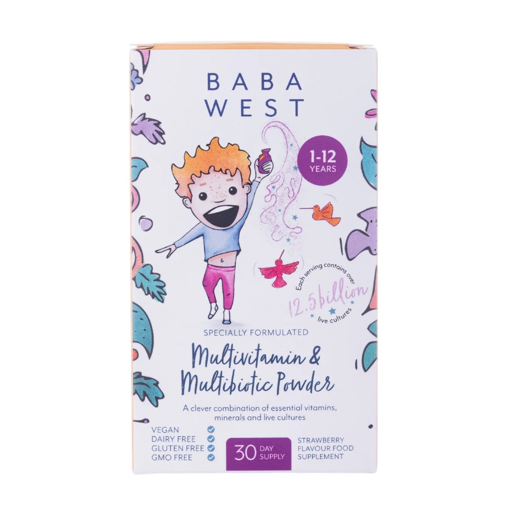 Baba West multivitamin and multibiotic powder packaging with a child illustration on a white background