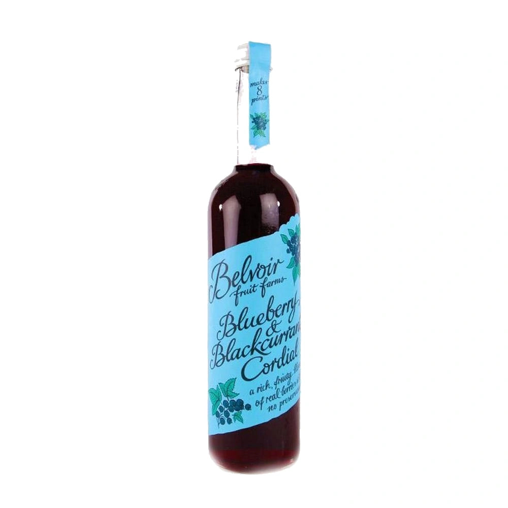 Bottle of Belvoir Blueberry & Blackcurrant Cordial with a blue label on a white background