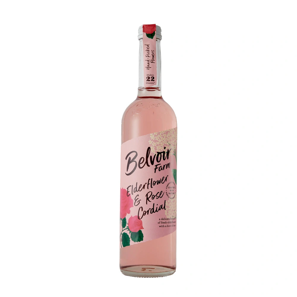 Bottle of Belvoir Elderflower & Rose Cordial on a white background
