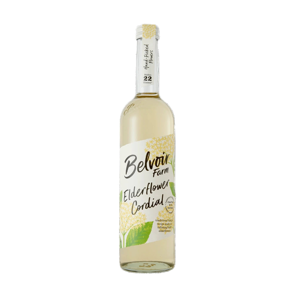 Bottle of Belvoir Farm Elderflower Cordial on a white background