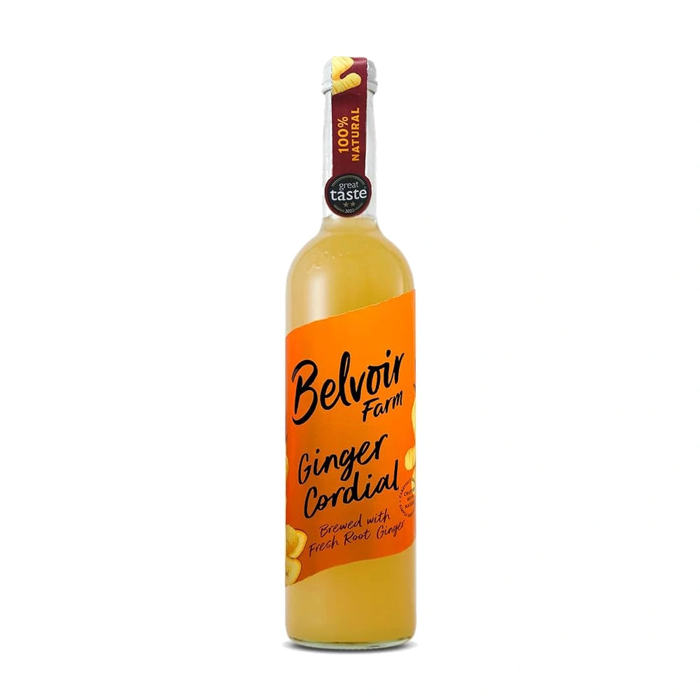 Bottle of Belvoir Farm Ginger Cordial on a white background