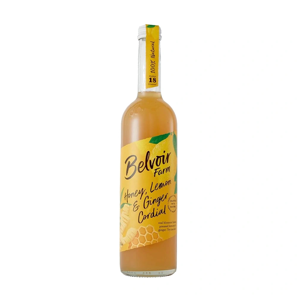 Bottle of Belvoir Farm Honey Lemon & Ginger Cordial on a white background