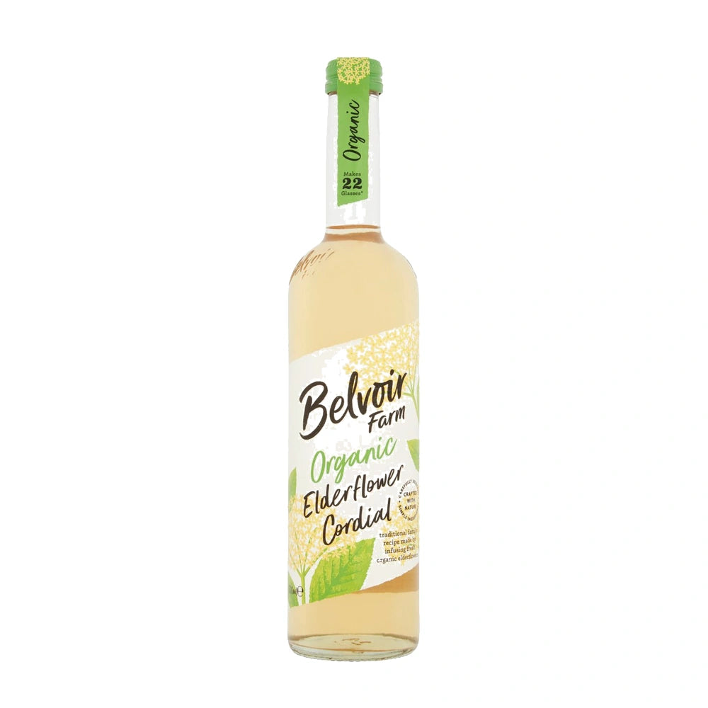 Bottle of Belvoir Organic Elderflower Cordial on a white background