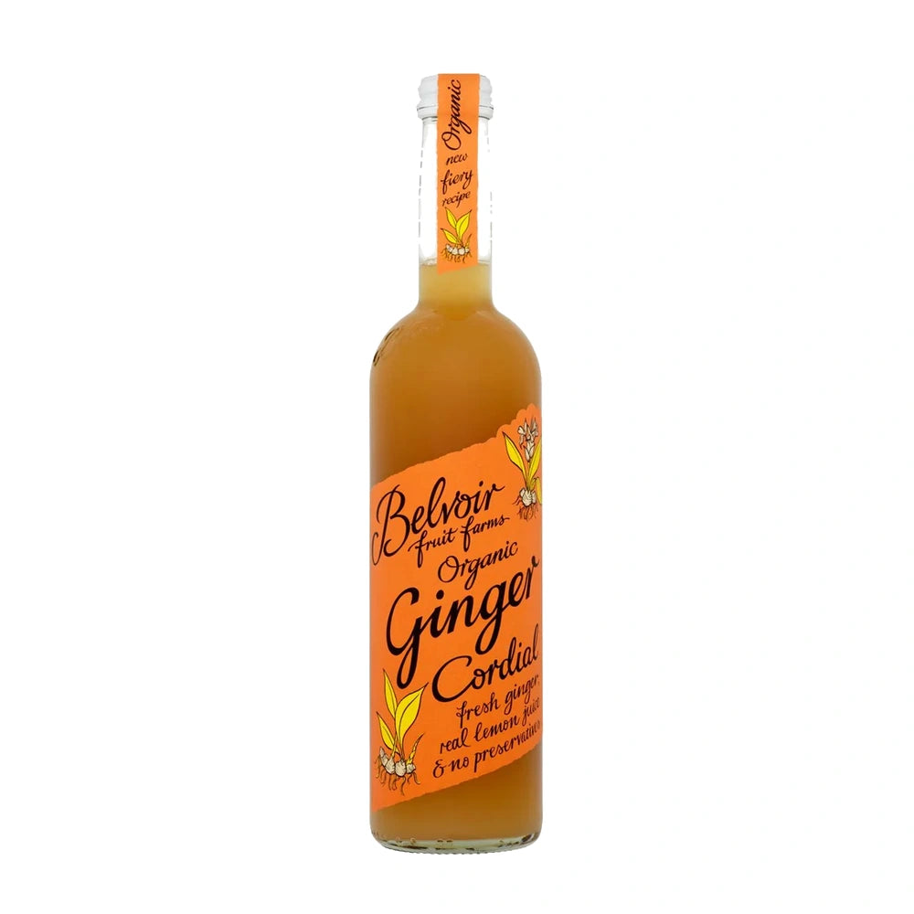 Bottle of Belvoir Organic Ginger Cordial on a white background