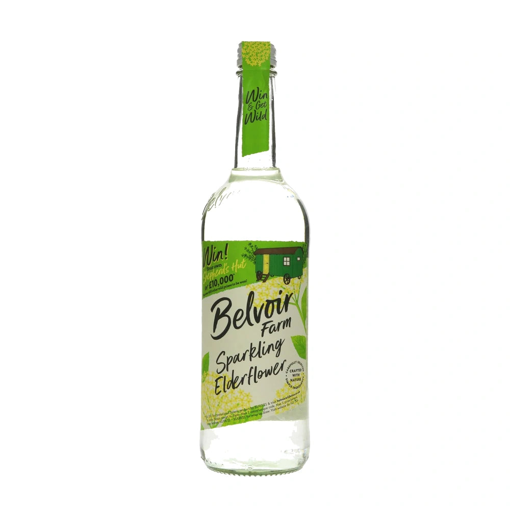 Bottle of Belvoir Farm Sparkling Elderflower on a white background