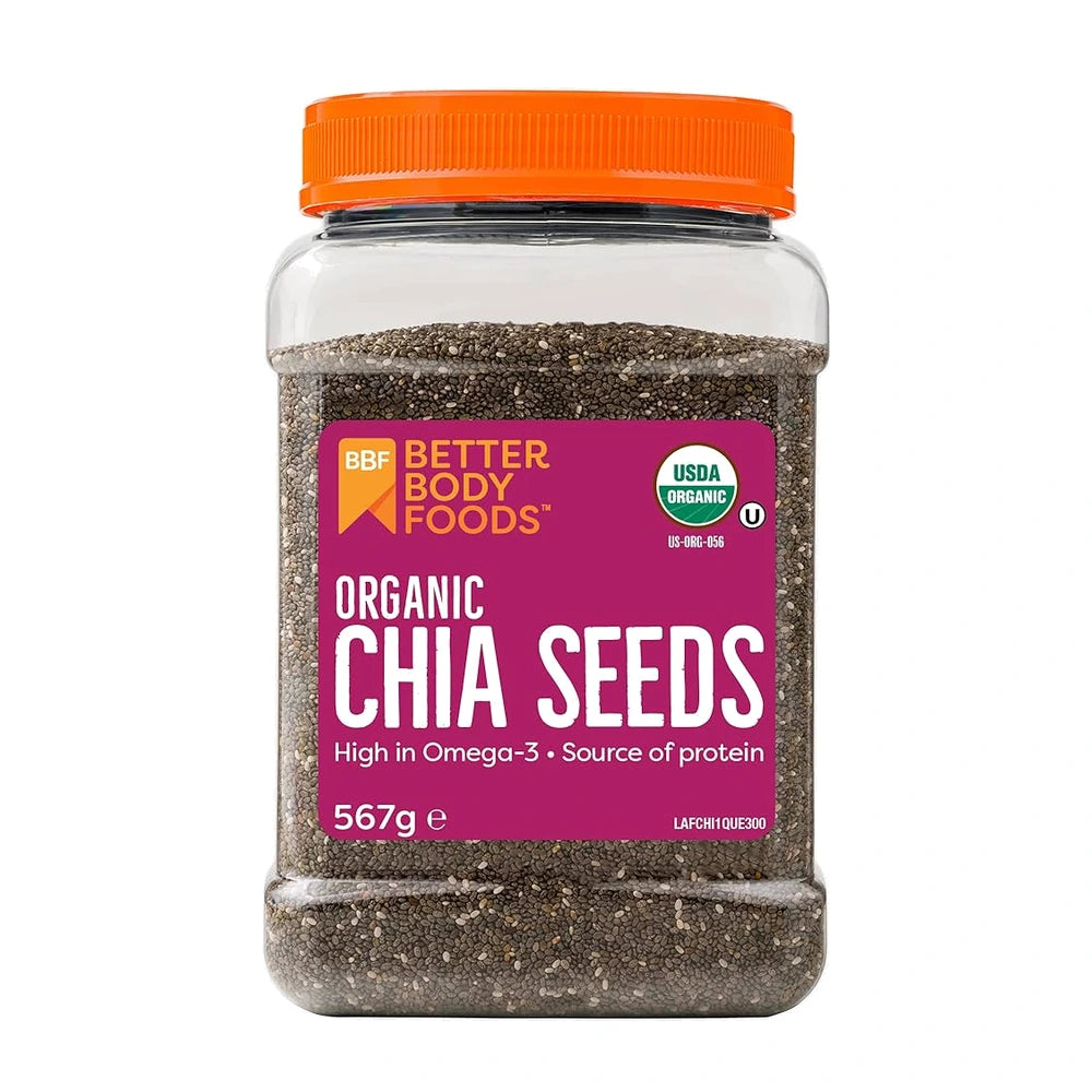 Jar of Better Body Foods Organic Chia Seeds on a white background