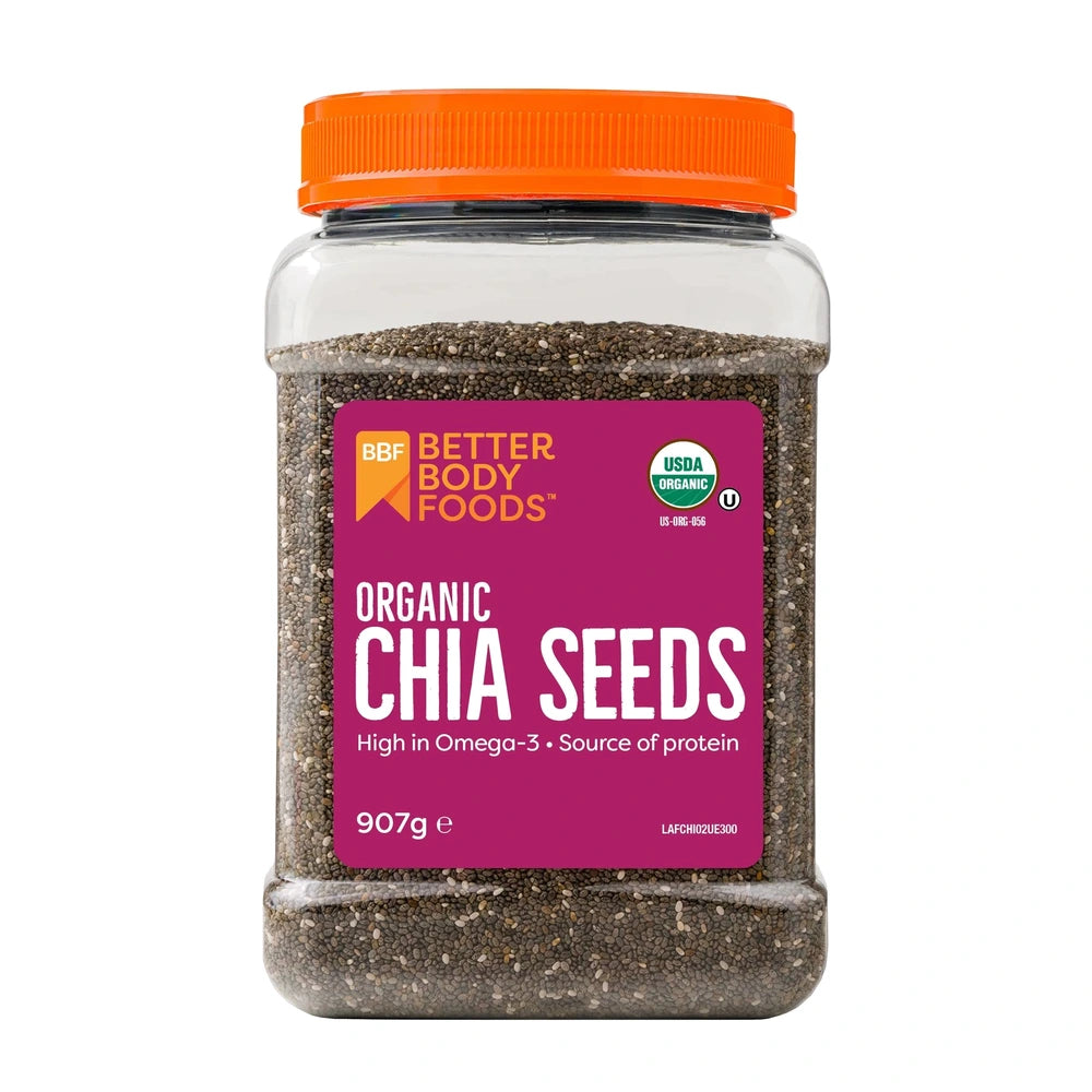 Jar of Better Body Foods Organic Chia Seeds on a white background