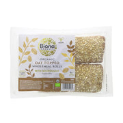 Pack of Biona Organic oat topped wholemeal rolls on a white background