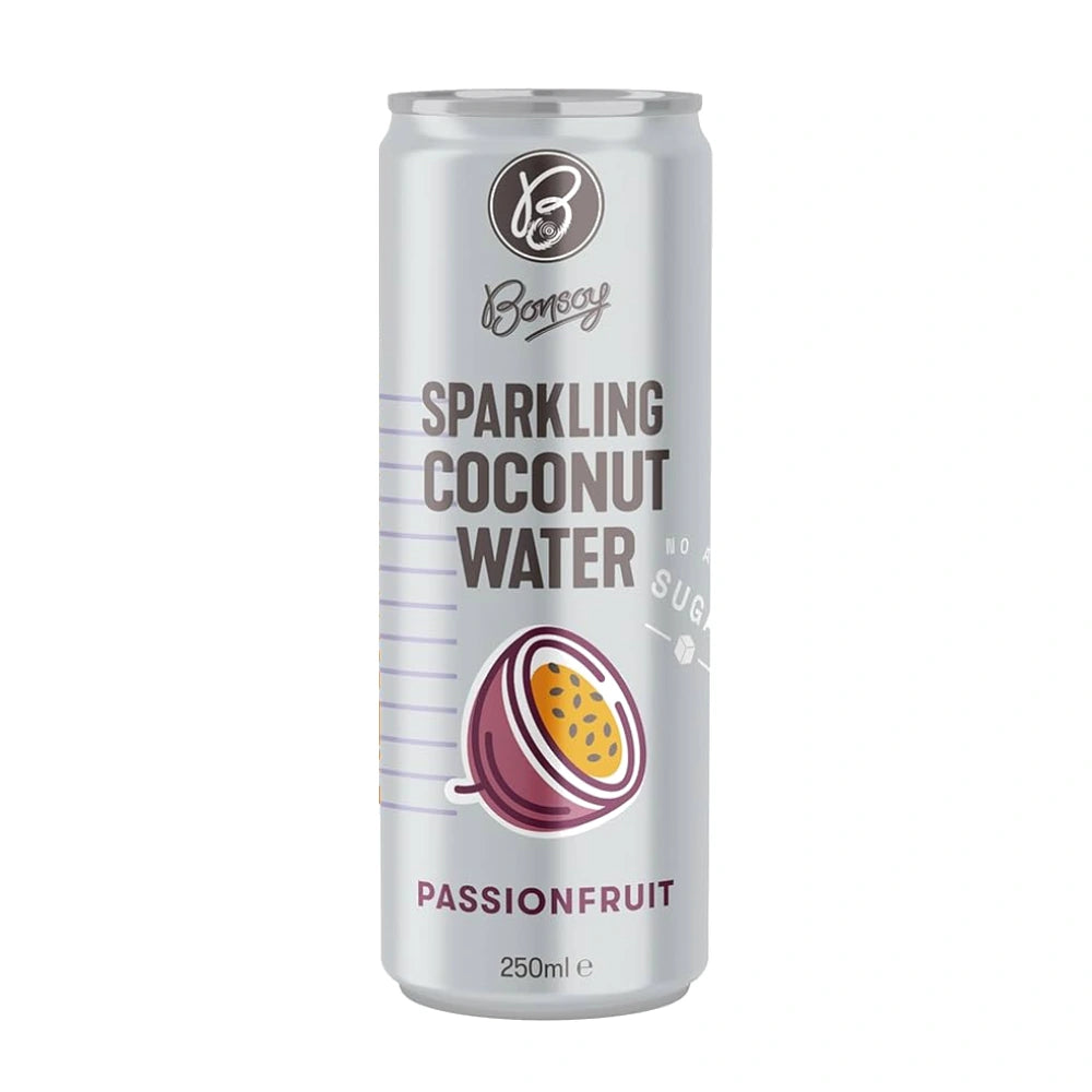 Can of Bona Guy Sparkling Coconut Water Passionfruit on a white background