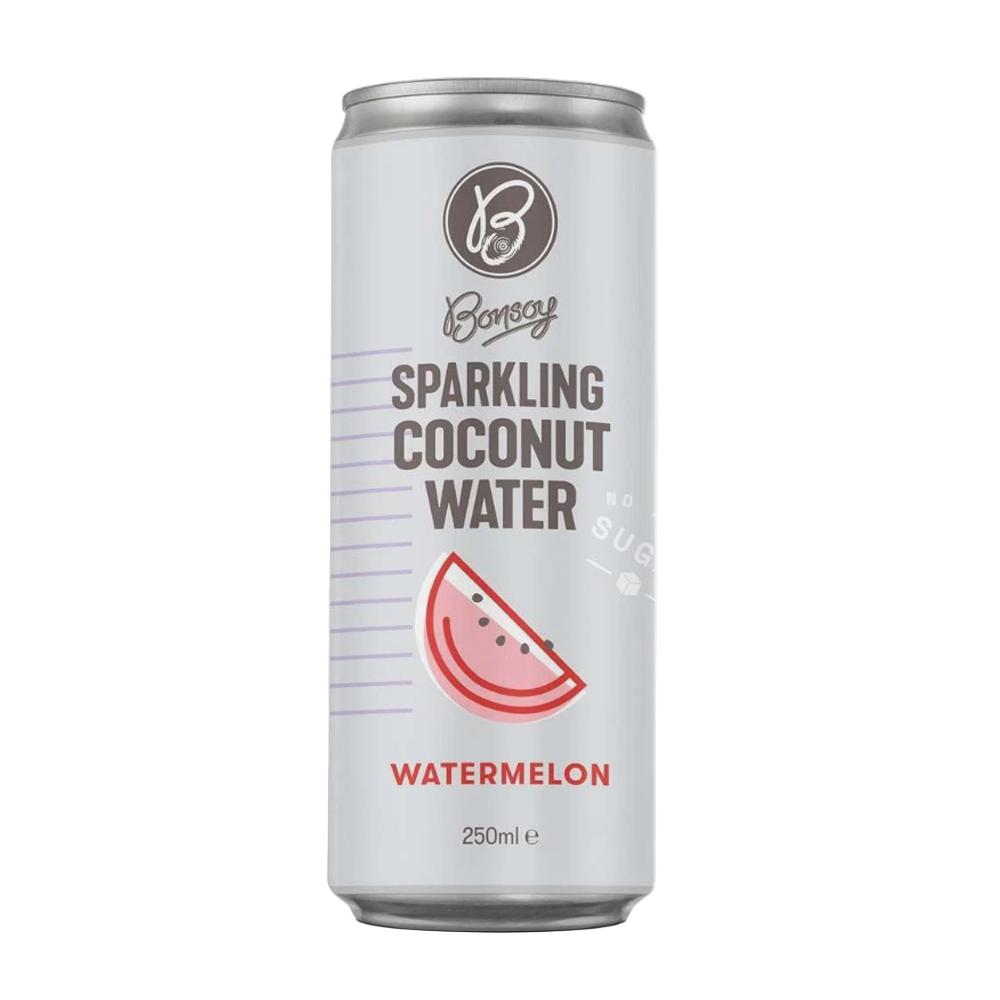 Can of sparkling coconut water with watermelon flavor on a white background