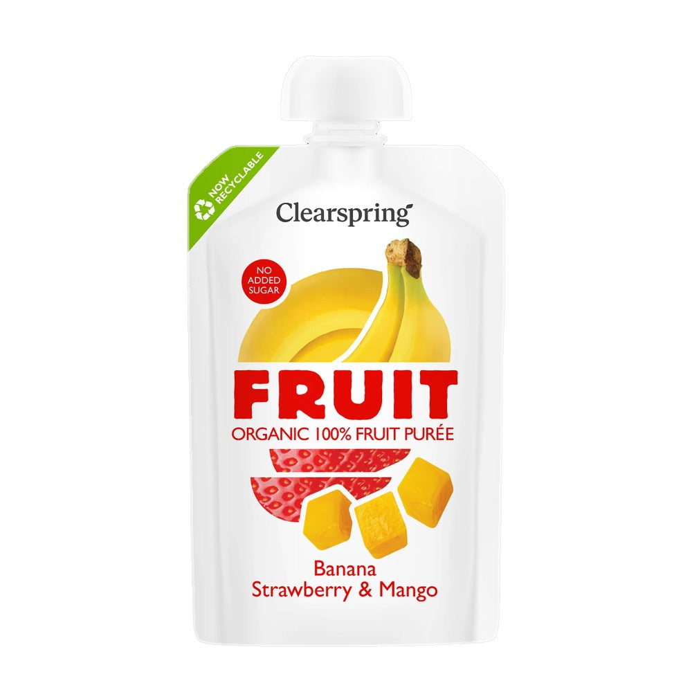 Clearspring fruit puree package with banana, strawberry, and mango illustration on a white background