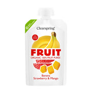 Clearspring fruit puree package with banana, strawberry, and mango illustration on a white background