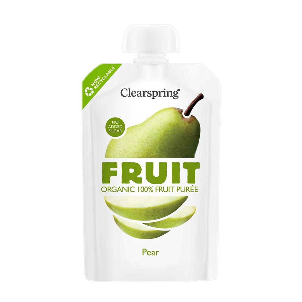 Clearspring organic pear fruit puree pouch on a white background