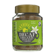 Jar of decaf organic instant coffee with a green label on a white background