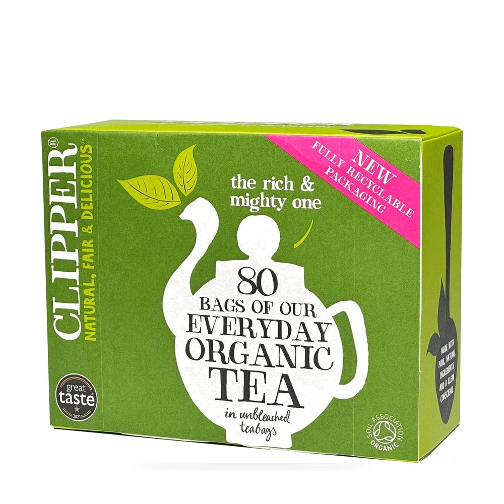Green box of Clipper organic tea with teapot illustration and text on a white background