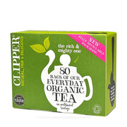 Green box of Clipper organic tea with teapot illustration and text on a white background