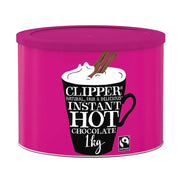 Pink canister of Clipper Instant Hot Chocolate with a cup and cinnamon stick illustration on a white background