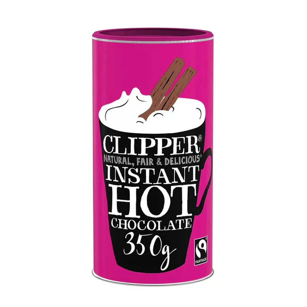 Clipper Instant Hot Chocolate canister with pink and black design on a white background