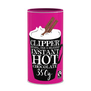 Clipper Instant Hot Chocolate canister with pink and black design on a white background