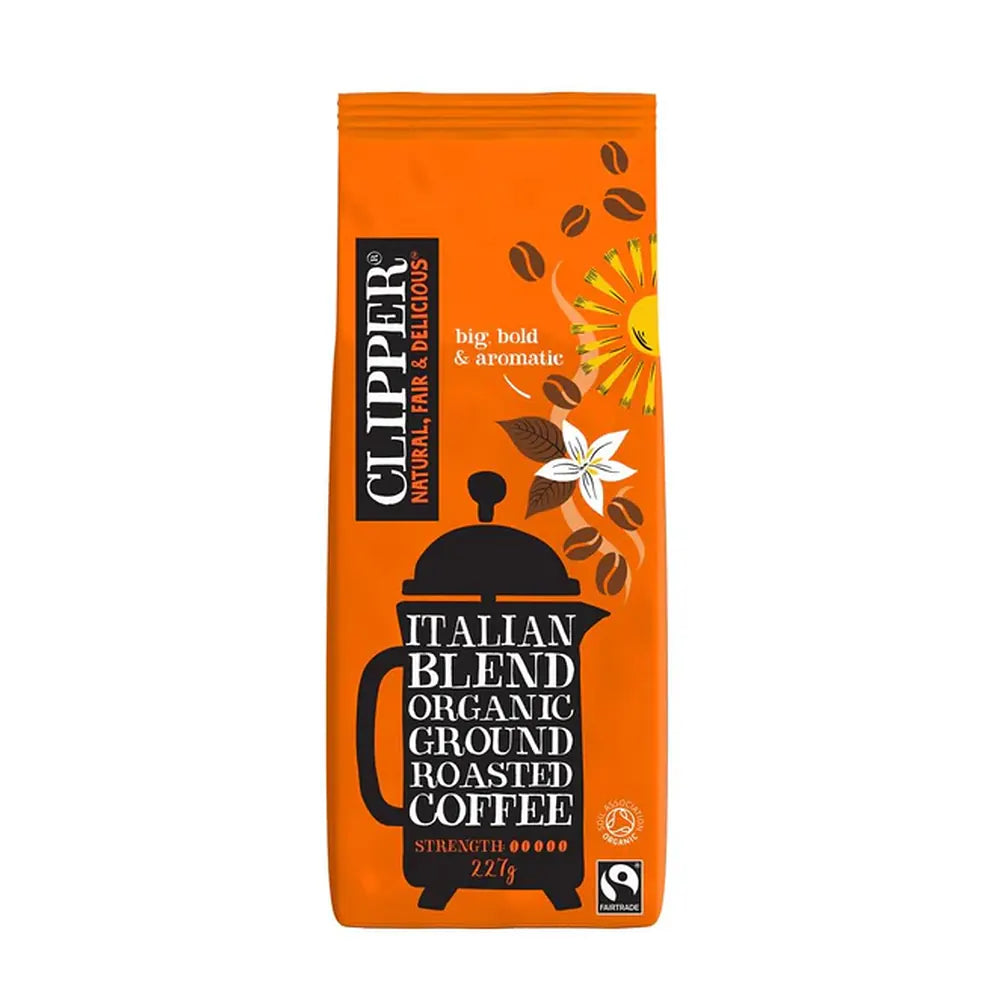 Orange package of Clipper Italian Blend Organic Ground Roasted Coffee on a white background