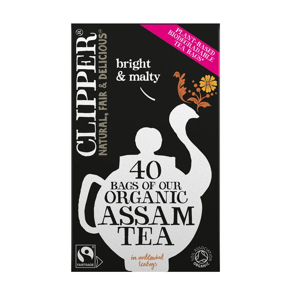Clipper organic Assam tea package on a white background