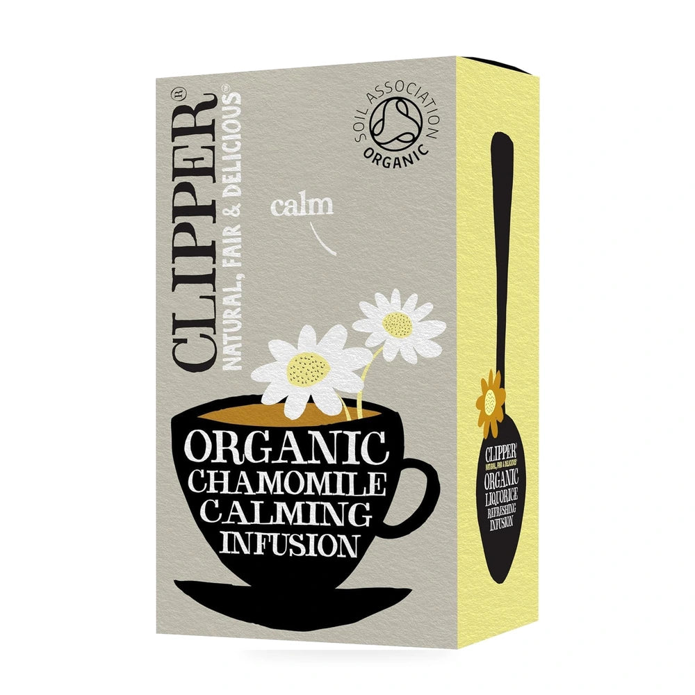 Clipper Organic Chamomile Calming Infusion packaging with a cup and flowers design.