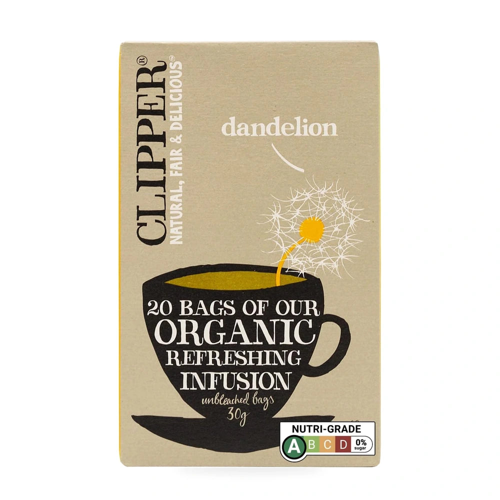 Box of Clipper dandelion organic tea with a cup and dandelion illustration on a beige background