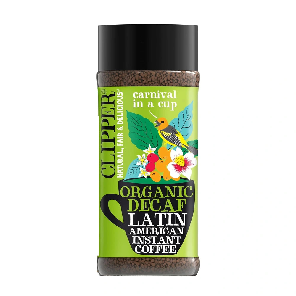 Clipper Organic Decaf Latin American Instant Coffee jar with colorful label on a white background