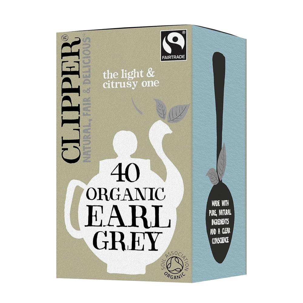 Clipper Organic Earl Grey tea box with branding and product details on a beige and blue background