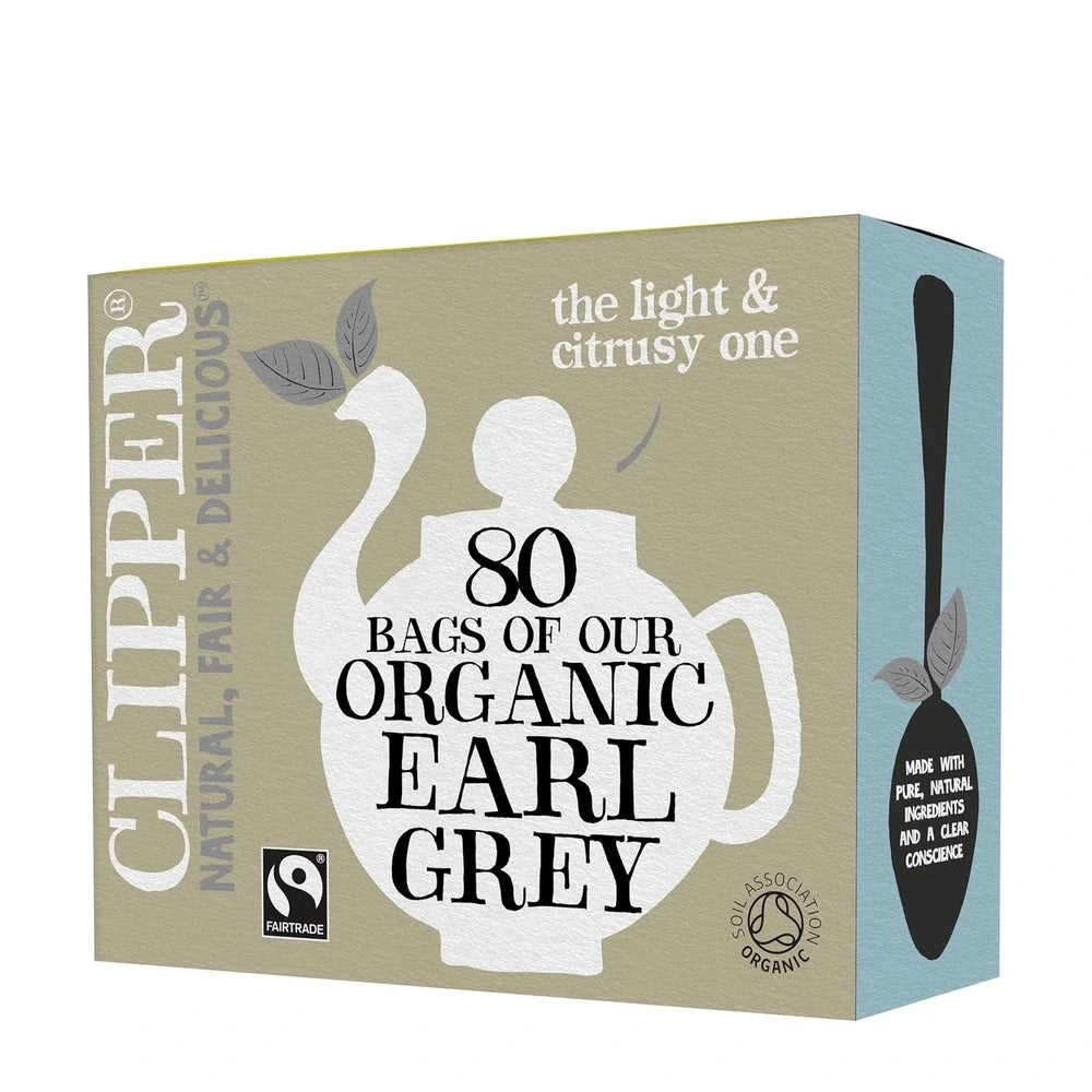 Box of Clipper Organic Earl Grey tea with teapot illustration and branding details.