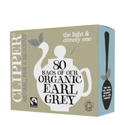 Box of Clipper Organic Earl Grey tea with teapot illustration and branding details.